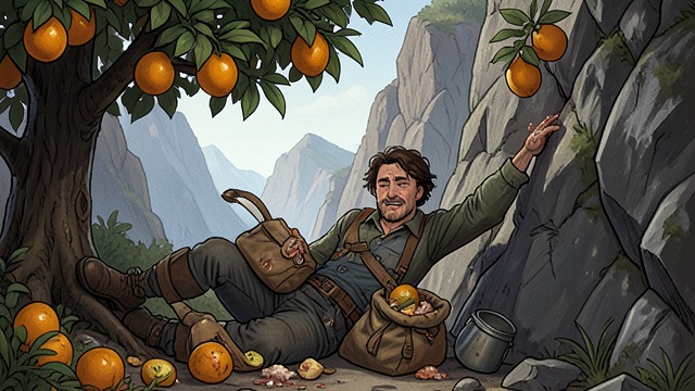 The Tangerine Shore from "My Father's Dragon". Supplies from the Island Discovery A falling fruit wakes Elmer beneath a tangerine tree on Island of Tangerina. He gathers the fruit he can carry.