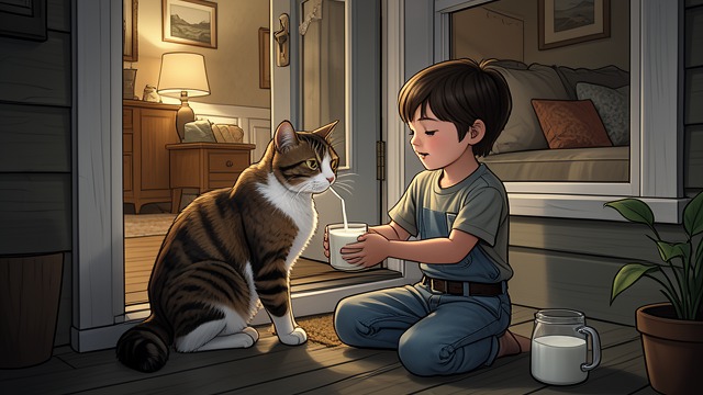 Home Offered to the Cat from "My Father's Dragon". A Home Shared Hospitality Elmer invites Old Alley Cat into his family home and offers warmth and milk.