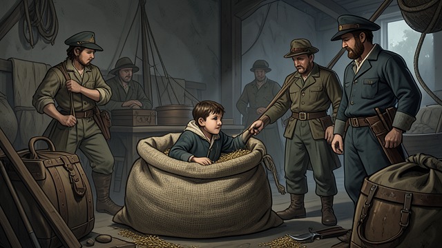 The Strange Grain Bag from "My Father's Dragon". Nearly Discovered A close call Sailors notice that Elmer’s grain bag looks lumpy. Their inspection risks revealing the boy inside.