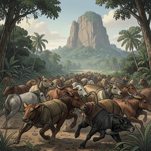 The Animals’ Misread Invasion from "My Father's Dragon". This flow explores how the island animals build a theory of invasion from uncertain clues until their own alarm becomes a comic stampede.