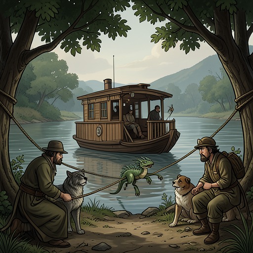 The Rescue and the End of the Ferry from "My Father's Dragon". This flow traces the practical consequences of Baby Dragon’s liberation for the river crossing and the animals who depended on his forced labor.