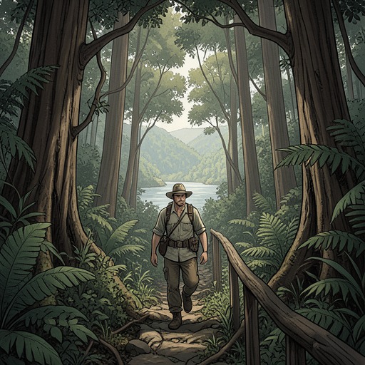 The Jungle’s Threats and Trails from "My Father's Dragon". This flow traces how Wild Island’s terrain repeatedly disorients Elmer while its trails and clearings lead him toward the river and rescue.