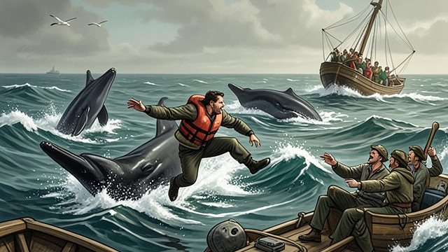 The Rescue at Sea from "The Swarm". Enemies Become Rescuers Shared danger Greywolf risks his life to help rescue passengers after whales attack the Lady Wexham.
