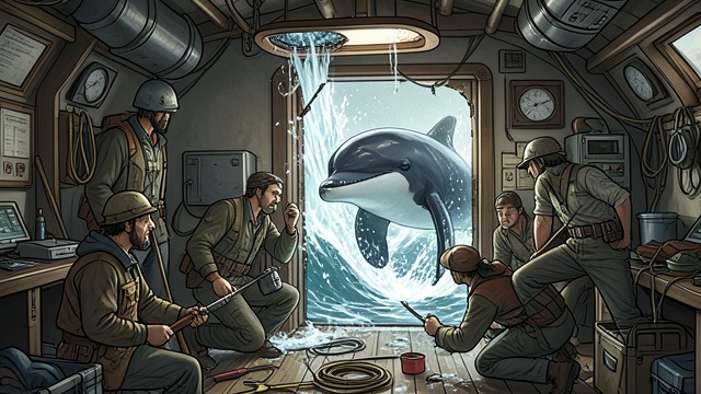 The Sluice Fails from "The Swarm". Control Systems Collapse The sea enters the ship An orca breaks through the hatch and the well deck becomes a chaotic battleground.