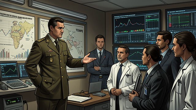 The Briefing Officer from "The Swarm". A Soldier Presents the Crisis Intelligence becomes a narrative Peak briefs the assembled scientists and officials on attacks, mutations, and shipping failures.