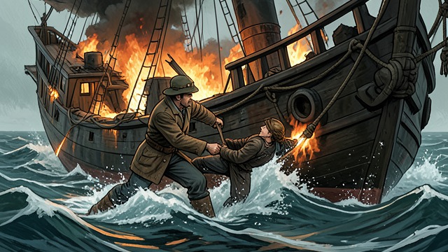 Duty Ends in Disaster from "The Swarm". A Commander Among Survivors No clean rescue Peak helps in an evacuation as fire and water overwhelm the ship.