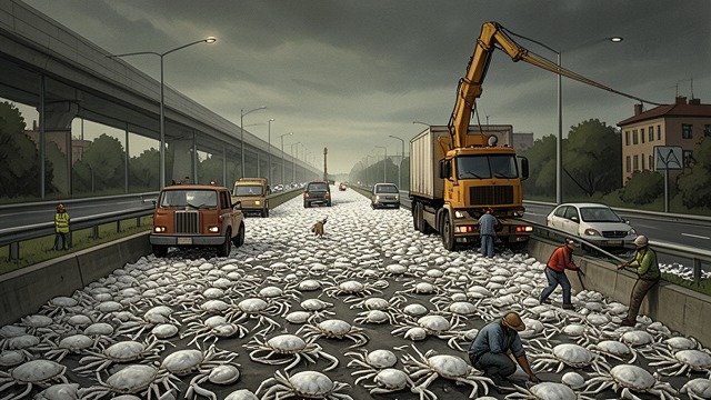 公路变成陷阱,《群》中的场景。道路上的黏液 蔓延的侵染 螃蟹遍布道路和车辆,使出行变得危险,还将有机物质带往内陆。 入侵规模之大,已经超出当地的通报与应对能力。