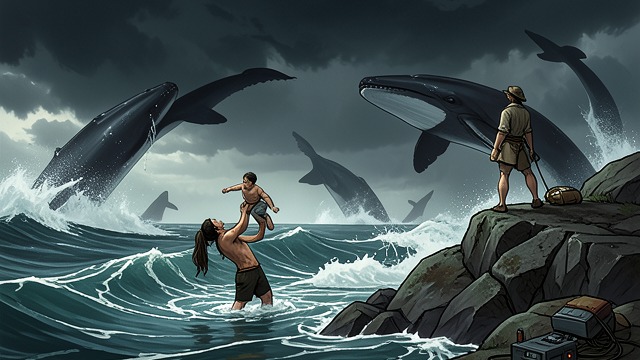 Survival in the Water from "The Swarm". Shared Terror Cooperation under fire Delaware helps rescue a passenger while Anawak tries to keep others alive amid attacking whales.