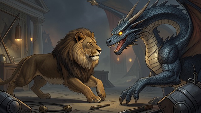 The Lion Confronts Duty from "Thus Spoke Zarathustra". The Lion Confronts Duty Refusal of the dragon The lion faces the great dragon marked by “Thou shalt,” which claims that every value has already been created.