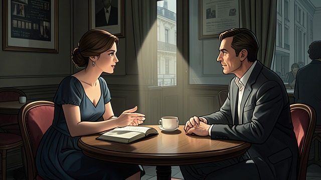 Two Meetings in Paris from "L'Amour et les Forêts". Two Meetings in Paris A First Encounter At their first meeting, Bénédicte and Reinhardt speak at Le Nemours.