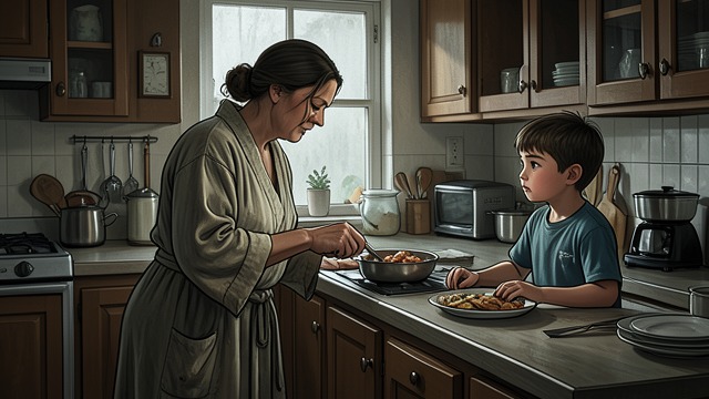 A Mother’s Daily Care from "The Devil All the Time". A Mother’s Daily Care A Familiar Warmth Charlotte Russell prepares breakfast after Arvin Eugene Russell returns from the woods with Willard Russell.