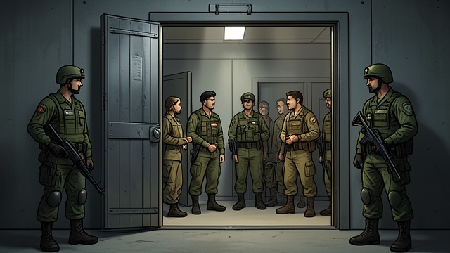 A Restricted Test Site from "Strike". A Restricted Test Site Questions inside a closed base Army personnel isolate and question the five arrivals.