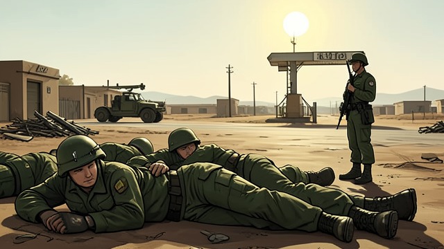 SYLO Holds Position from "Strike". SYLO Holds Position A force unable to advance Hundreds of SYLO troops lie beyond the camp while the drones remain active.