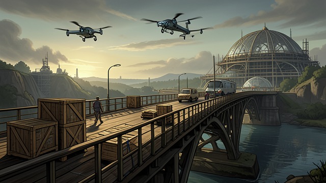 Supplies Through the Bridge from "Strike". Supplies Through the Bridge A transfer hub The group sees crates and floating pallets moving through the Bridge alongside the drones.