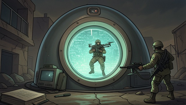 A Door in the Dome from "Strike". A Door in the Dome A frame with no visible destination The dome appears empty except for a glowing screen-like structure.