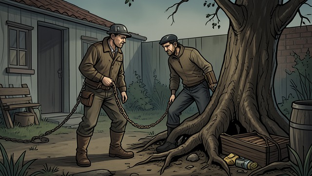 A Common Task Ahead from "Out Stealing Horses". A Common Task Ahead The Root Remains The two men leave a large root in the yard and agree to pull it away using chains and a car.