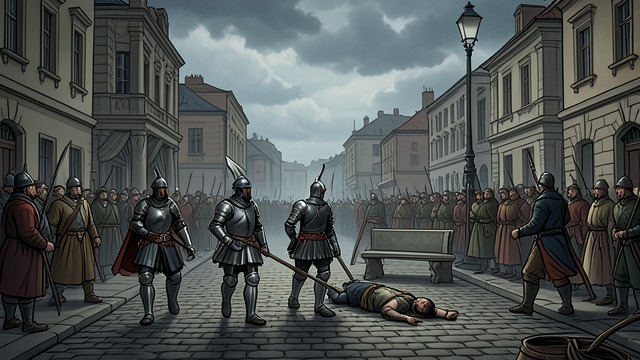 After the Suppression from "The Hunchback of Notre Dame". Order Restored by Violence A cleared square The royal troops defeat the outcasts, and officials remove the dead from the Place de Grève.