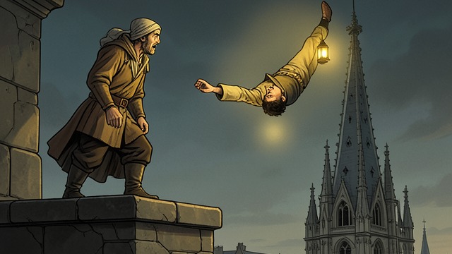 The Tower’s Fall from "The Hunchback of Notre Dame". A Final Betrayal Watching the execution Claude watches Esmeralda’s execution from Notre-Dame and laughs as she dies.