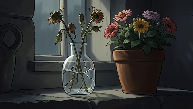 The Earthenware Lesson from "The Hunchback of Notre Dame". Two Vessels A quiet comparison Quasimodo leaves flowers in a cracked glass vase and a sturdy earthenware pot.
