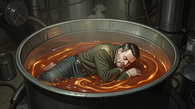 Trapped in the Vat from "Life After Life". No Human Exit Heat and Panic A worker is trapped in a vat as hot acid and steam fill the space.