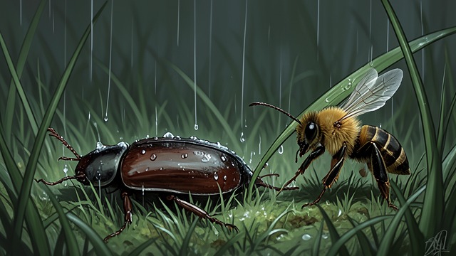 The Fallen Beetle from "The Adventures of Maya the Bee". A Rescue from the Grass Helpless on His Back Trying to appear indifferent, Bobbie topples onto his rounded back and cannot right himself.