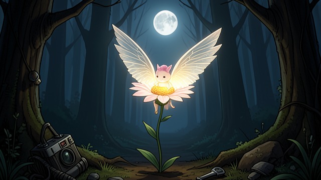 A Voice in the Iris from "The Adventures of Maya the Bee". A Nighttime Birth A Small Figure Emerges Maya sees a tiny luminous figure rise from an iris flower and unfold white wings in the moonlight.