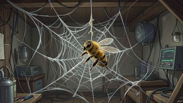 Struggle Tightens the Web from "The Adventures of Maya the Bee". Resistance Turns Against Her Panic and Entanglement Maya shakes and pulls against the threads, hoping to escape.