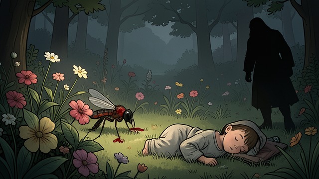 The Mosquito’s Claim from "The Adventures of Maya the Bee". A Disturbing Interruption Blood Taken A mosquito tells Maya that it has stung the child and shows that it has taken blood.