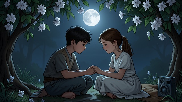 The Lover’s Arbor from "The Adventures of Maya the Bee". Human Connection Observed A Private Moment From jasmine leaves, Maya watches a boy and girl sitting together in the moonlight.