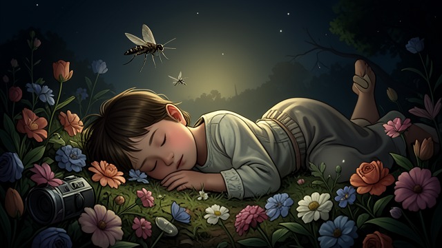 The Child and the Mosquito from "The Adventures of Maya the Bee". A Vulnerable Human A Sleeping Figure Maya admires a sleeping child among flowers and feels certain that humans must be good.
