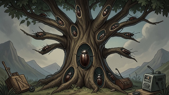 Fifty Tunnels from "The Adventures of Maya the Bee". A Family in the Pine Work Below the Bark Fridolin tells Maya that his fifty sons each occupy a separate tunnel.