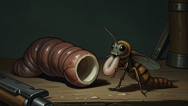 The Running Worm from "The Adventures of Maya the Bee". A Strange Meal A Portion Escapes Maya points out that the other half of the worm is crawling away.