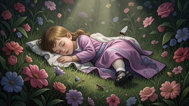 The Sleeping Child from "The Adventures of Maya the Bee". A Human Seen Closely Beauty at a Distance Maya sees a child asleep among flowers and is overwhelmed by the child’s gentle appearance.