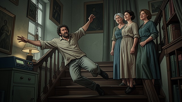 A Clumsy Arrival from "Beautiful". Nerves on the Stairs A comic entrance Gideon waits anxiously, then misjudges a step and tumbles in front of Ava and Susan.