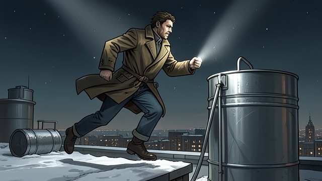 Escape Across the Rooftops from "Native Son". Flight Becomes Pursuit A desperate route upward Bigger runs over snowy rooftops, climbs a water tank, and tries to evade the searching police.