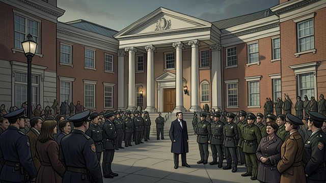 Troops Surround the Trial from "Native Son". The Court Fortified Military protection Illinois National Guard troops surround the courthouse while a hostile crowd gathers outside.