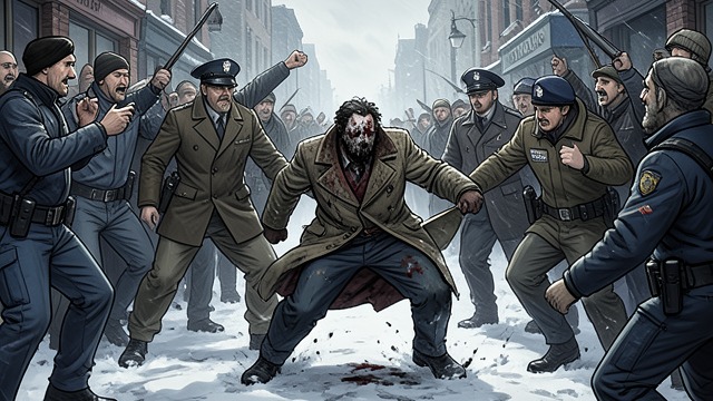Capture Before the Crowd from "Native Son". The Pursuit Becomes Public The crowd closes in Police drag Bigger through the snow as people shout for his death.