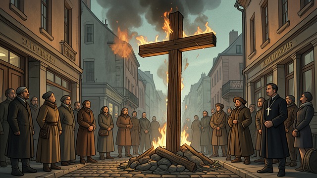 The Burning Cross from "Native Son". A Symbol Reversed A public threat Outside Dalton family residence, a crowd watches a cross burn above the street.
