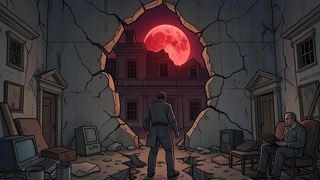 The Fissure Widens from "The Fall of the House of Usher". The Crack Becomes a Rupture A visible warning After the twins die, the narrator sees the blood-red moon through the fissure he noticed earlier.