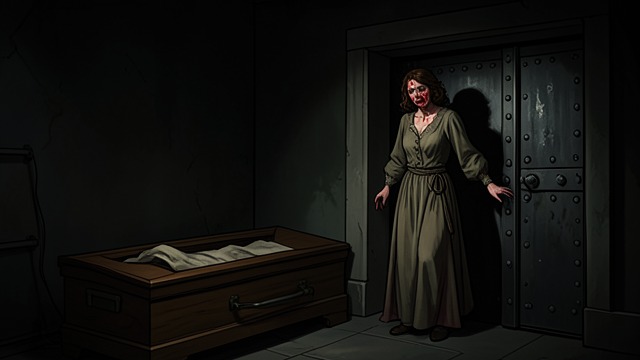 Escape from the Tomb from "The Fall of the House of Usher". The Dead Return Life becomes visible Madeline appears at the chamber door, bloodied after her struggle through the vault.