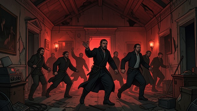 Discordant Movement from "The Fall of the House of Usher". A Ruined Mind Distorted forms Travellers see vast shapes moving to discordant music behind red-lit windows.