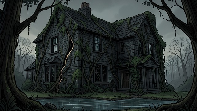 Ancient Exterior from "The Fall of the House of Usher". A Structure in Decline Age without ruin The mansion looks extraordinarily old, its stones discolored and covered with fungi.