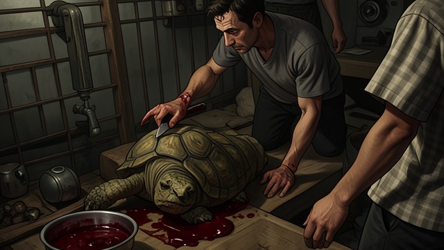Butchering the Turtle from "Life of Pi". A Further Descent Blood for Water Pi Patel captures a Hawksbill turtle and follows the survival manual’s advice, drinking its blood and cutting it apart.