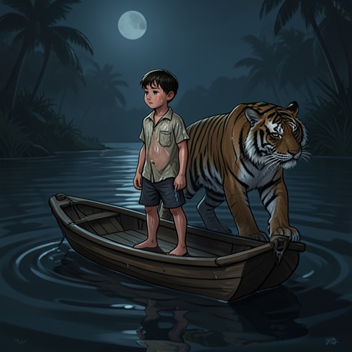 Pi Patel and Richard Parker from "Life of Pi". The relationship between Pi Patel and Richard Parker shifts from terror to wary dependence, then ends in separation without farewell.
