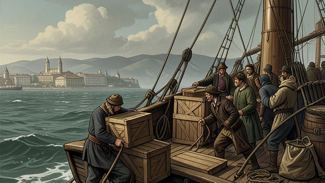 Cargo Beyond the Horizon from "Another Day of Life". Cargo Beyond the Horizon The wooden city sails The crates are taken to ships and leave Luanda in separate groups for destinations overseas.
