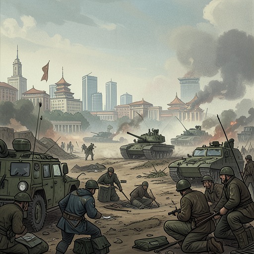 The War's Changing Scale from "Another Day of Life". This flow traces a conflict that begins as fragmented factional fighting and becomes an international war of regular forces and heavy weapons.
