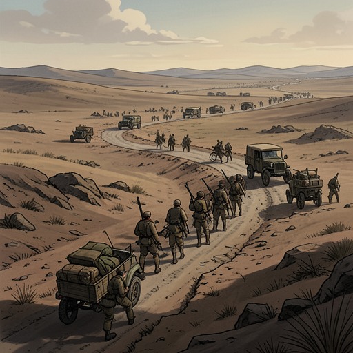 The Front Everywhere from "Another Day of Life". This flow follows the dissolution of a stable front line in a sparsely populated country where any road can become a battlefield.