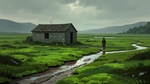 The Mire’s Green Traps from "The Hound of the Baskervilles". The Mire’s Green Traps A landscape that deceives Bright green patches conceal Grimpen Mire, where ponies sink into the bog.