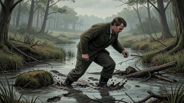 The Mire Takes Stapleton from "The Hound of the Baskervilles". The Mire Takes Stapleton A last escape route Stapleton attempts to cross the bog toward his hidden refuge.