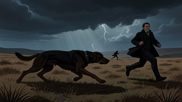 A Repeated Chase from "The Hound of the Baskervilles". A Repeated Chase History appears to return The hound pursues another Baskerville across the moor, repeating the pattern associated with Hugo.
